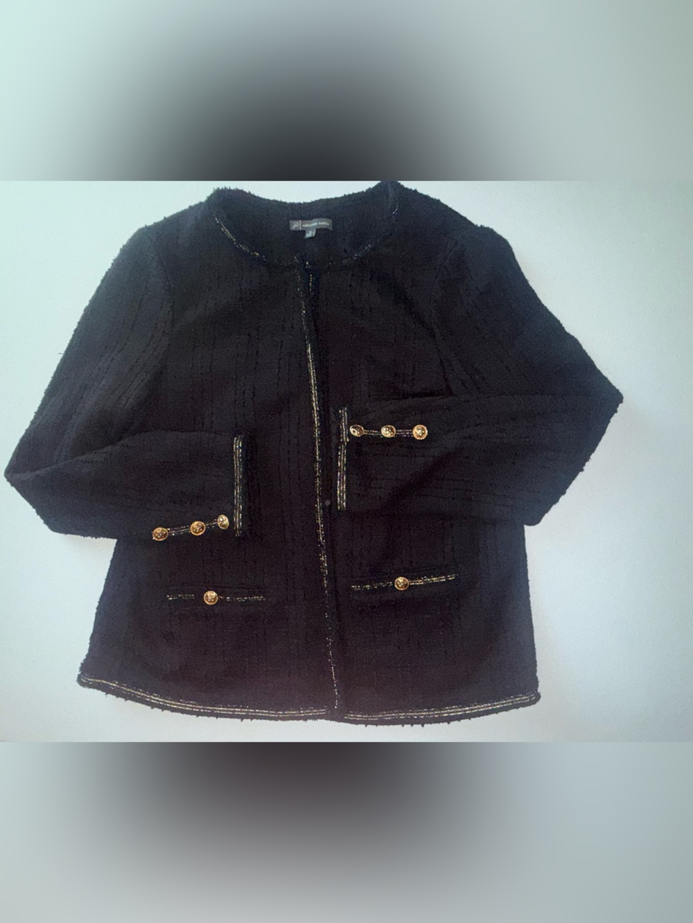 Adrianna Papell Black Tweed Boucle Blazer Gold Trim Collarless Jacket Size M - Picture 3 of 11